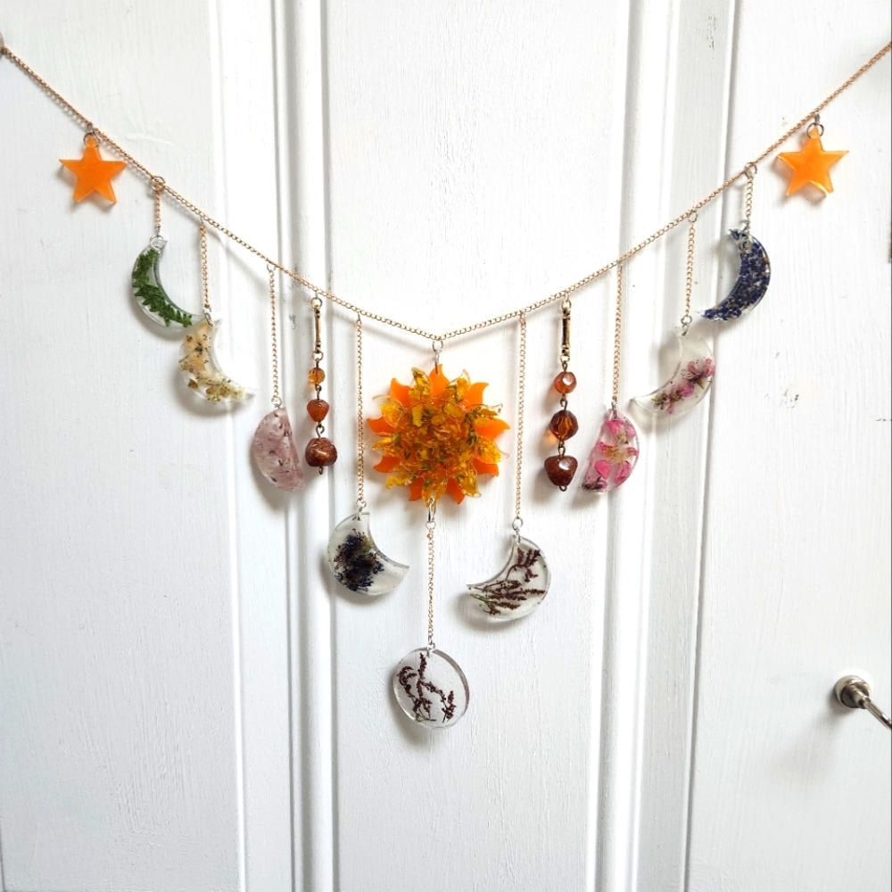 Pressed Flower and moon phases sun catcher/wall art